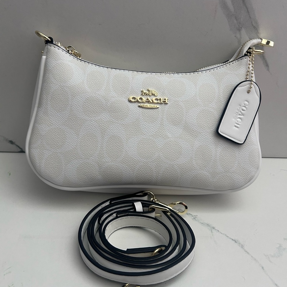 Coach White Signature Leather Shoulder Bag teri purse